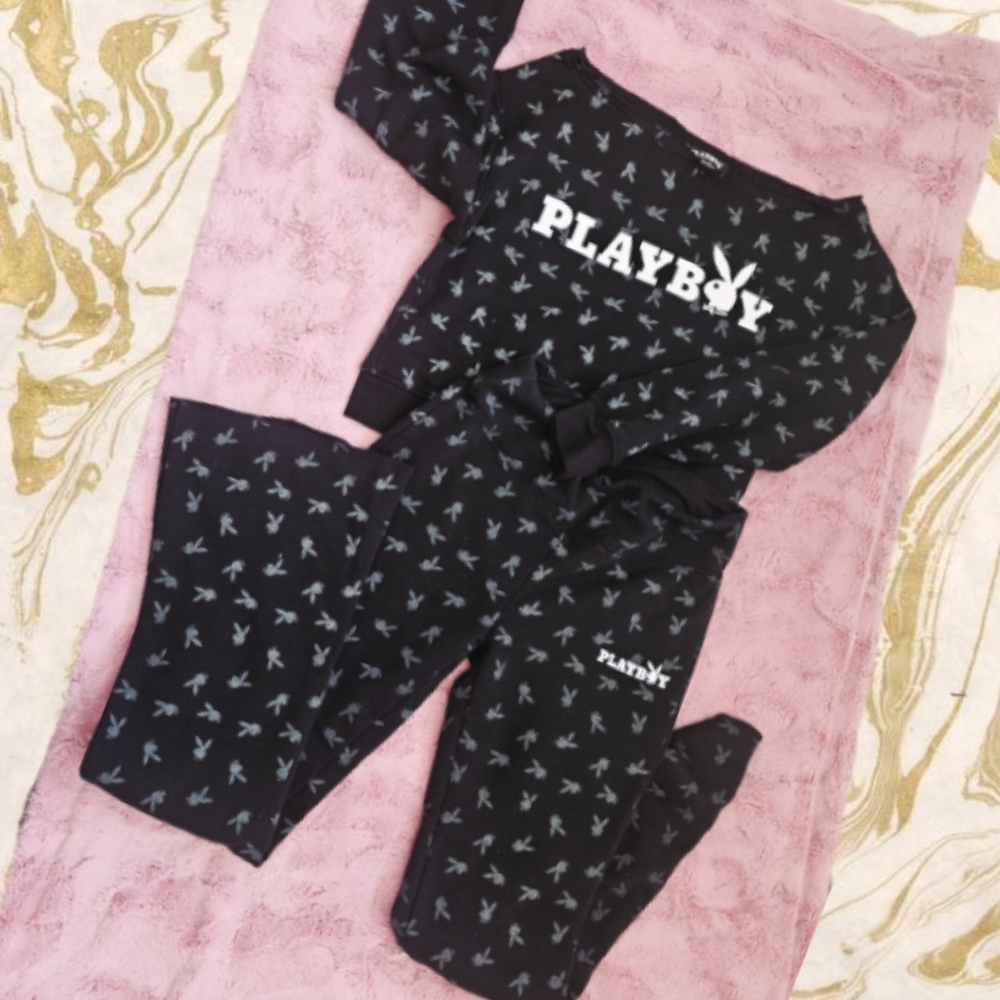 PLAYBOY Women's Pajama Set - Black with White Accents